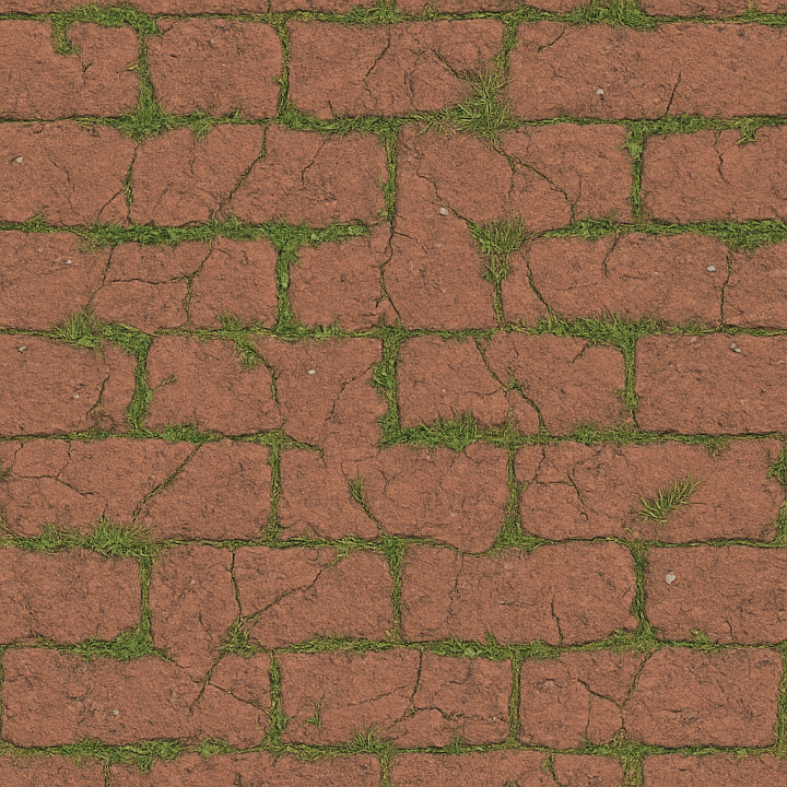 Brick Red With Rough Wear And Patchy Grass Cracks Natural Look Asphalt seamless PBR texture preview