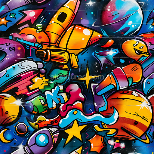 Seamless 3D PBR texture of vibrant space-themed graffiti mural in bright colors