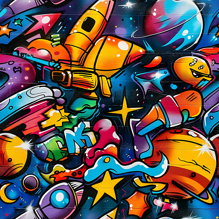 Of Vibrant Space-Themed Graffiti Mural In Bright Colors seamless PBR texture preview