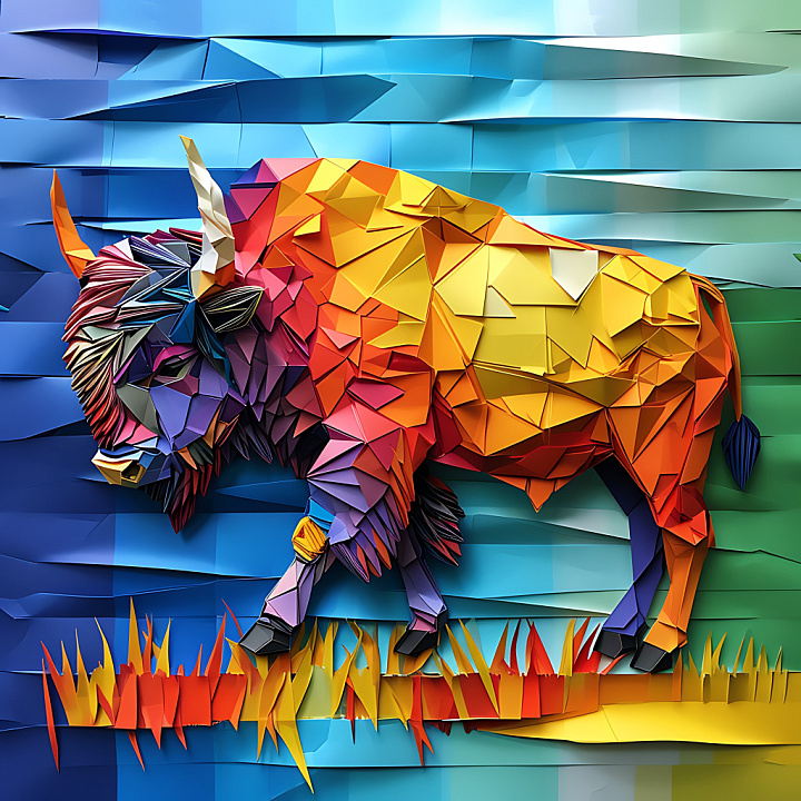 Animal of Origami-Style Bison with Colorful Polygon Art seamless PBR texture preview