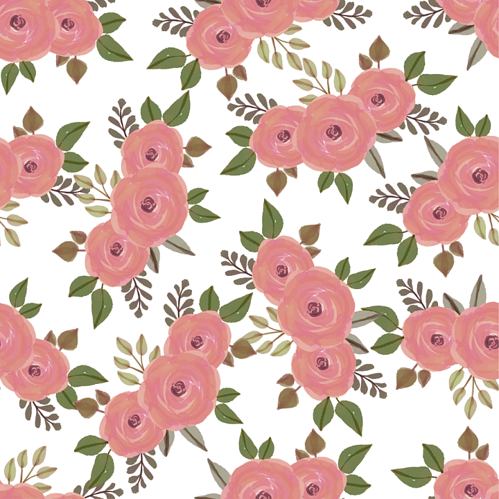 Pink Flower Fabric with Hand-Painted Roses and Green Leaves seamless PBR texture preview