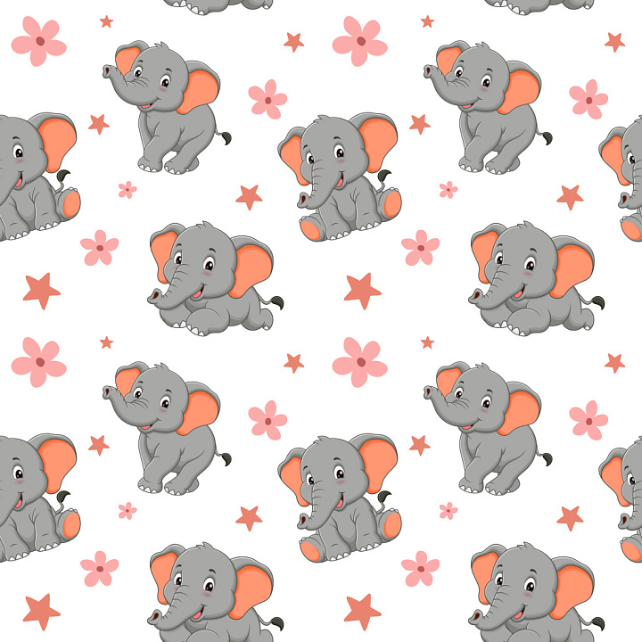 Pattern Featuring Playful Cartoon Elephants and Pink Floral Motifs seamless PBR texture preview