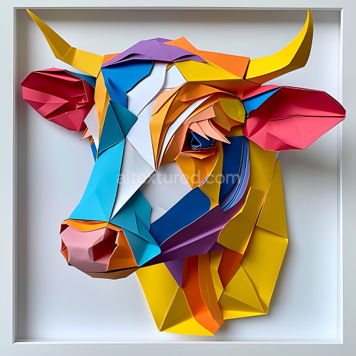 Seamless 3D PBR Texture of Colorful Origami Cow Head with Geometric Paper Folds