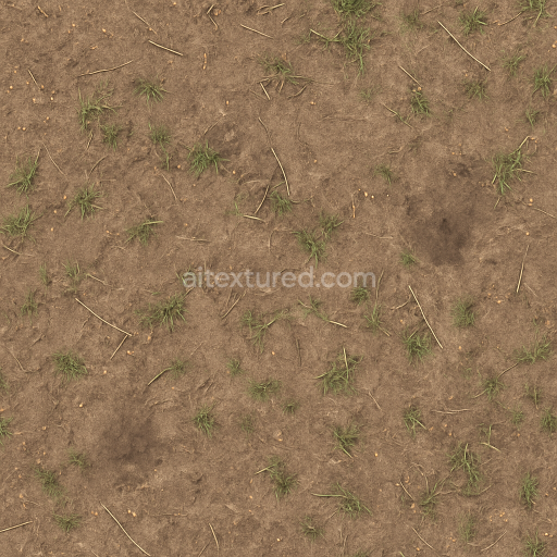 Seamless 3d texture pbr 8k dirt dusty with fallen twigs and patchy grass natural trail surface