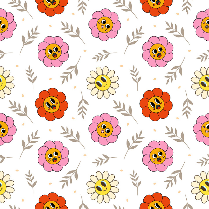 Pattern with Playful Cartoon Flower Faces and Soft Leaf Motifs seamless PBR texture preview