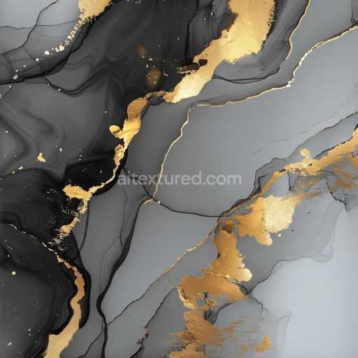 Seamless 3D Alcohol Ink PBR Texture Featuring Black and Gray Veins with Shimmering Gold Accents