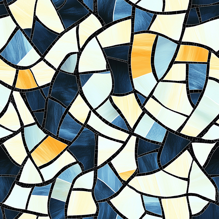 Mosaic Featuring Blue and Yellow Stone Tiles with Black Grout seamless PBR texture preview