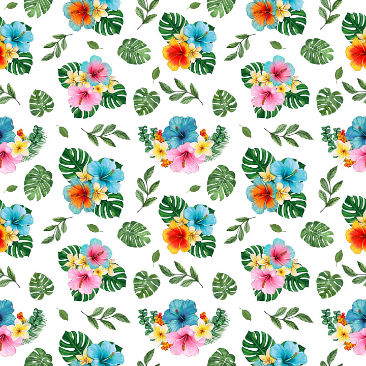 Pattern with Tropical Floral Clusters and Lush Green Leaves seamless PBR texture preview