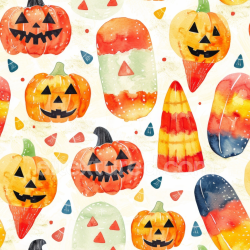 seamless Seamless 3D PBR Watercolor Halloween Pumpkins and Candy Pattern Texture texture 8k free download PBR