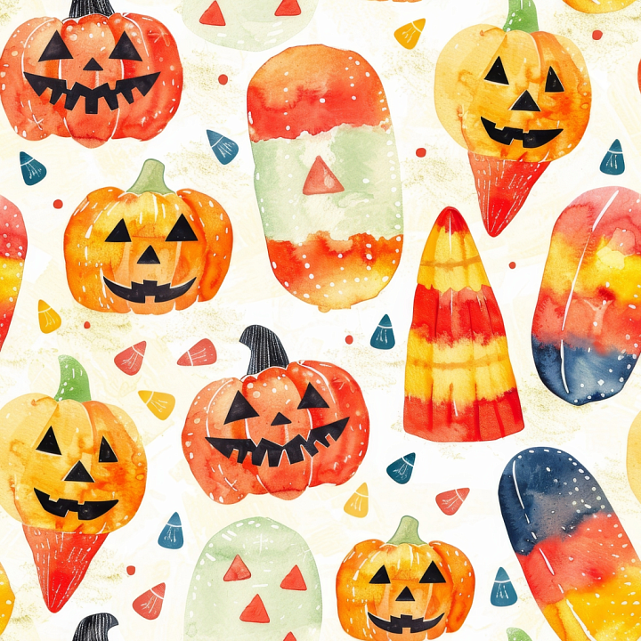 Watercolor Halloween Pumpkins and Candy Pattern seamless PBR texture preview