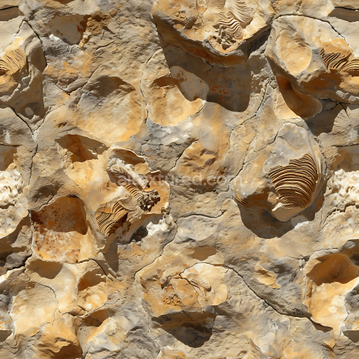 Seamless 3D Fossilized Limestone Rock PBR Texture with Weathered Surface and Embedded Fossil Details