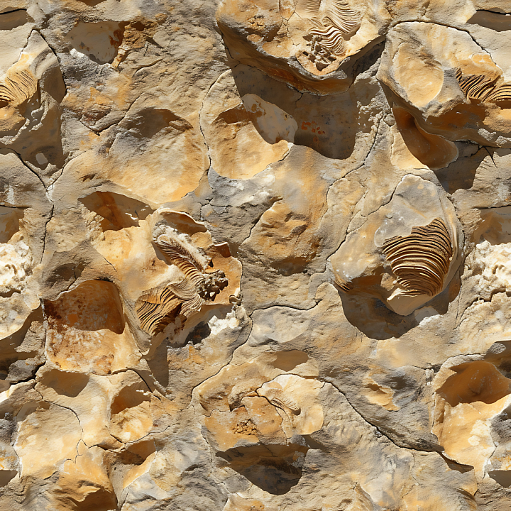 Fossilized Limestone Rock with Weathered Surface and Embedded Fossil De… seamless PBR texture preview
