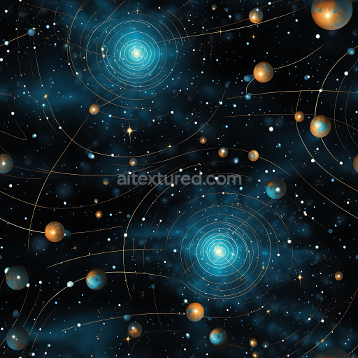 Seamless 3D Space PBR Texture Featuring Cosmic Star Clusters and Stylized Planets