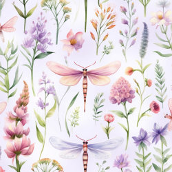 seamless Seamless 3D PBR Texture of Watercolor Dragonflies and Wildflowers texture 8k free download PBR