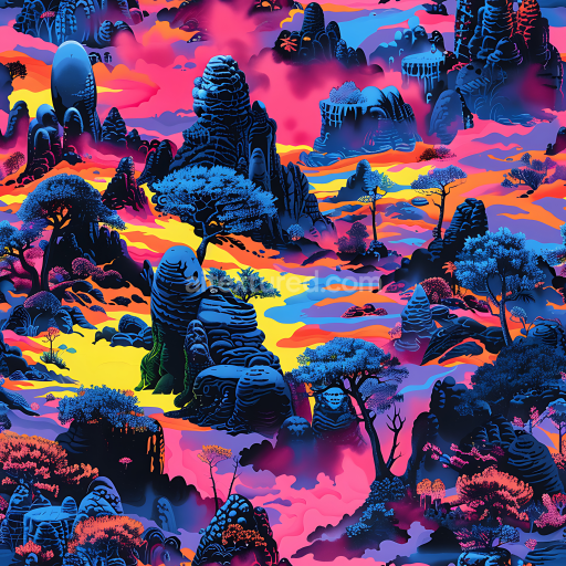 Seamless 3D Stylized Neon Jungle Camouflage PBR Texture with Vibrant Colors and Organic Shapes