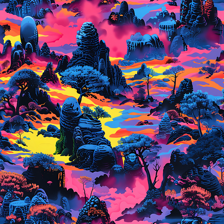 Stylized Neon Jungle Camouflage with Vibrant Colors and Organic Shapes seamless PBR texture preview