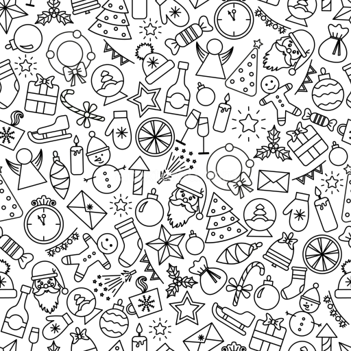 Seamless 3D PBR Texture Featuring Black Line Christmas Icons on White