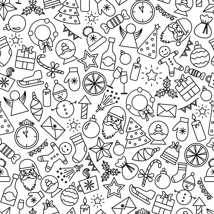 Featuring Black Line Christmas Icons on White seamless PBR texture preview