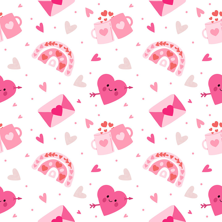 Pattern Featuring Cute Valentines Day Heart Motifs and Pastel Pink Rhyt… seamless PBR texture preview