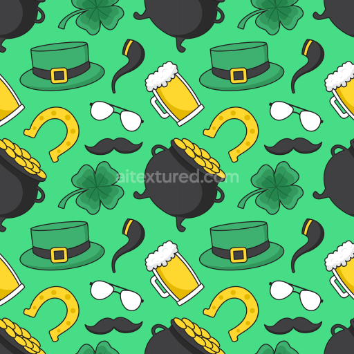 Seamless 3D PBR Texture with St Patrick's Day Icons on Green Background