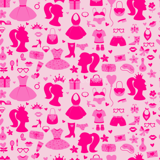 Seamless 3D PBR texture with pink girl-themed silhouettes and icons