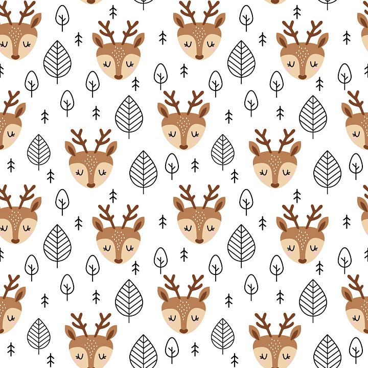 Pattern with Cute Deer Head Motifs and Stylized Tree Illustrations seamless PBR texture preview