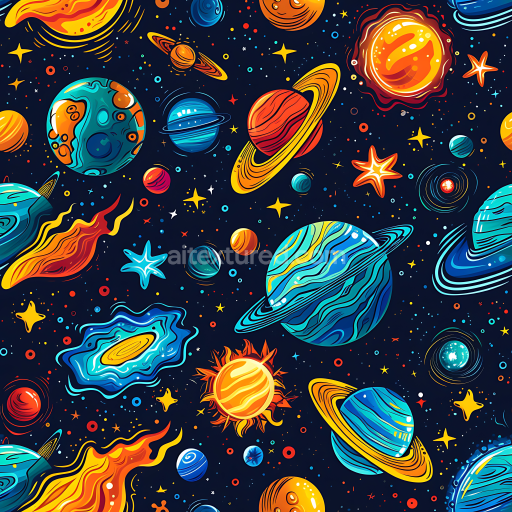 Seamless 3D Cartoon Space PBR Texture Featuring Colorful Planets and Stars