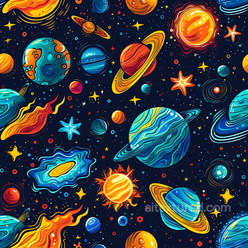 Cartoon Space PBR Texture Featuring Colorful Planets and Stars seamless Star, space, planets PBR texture