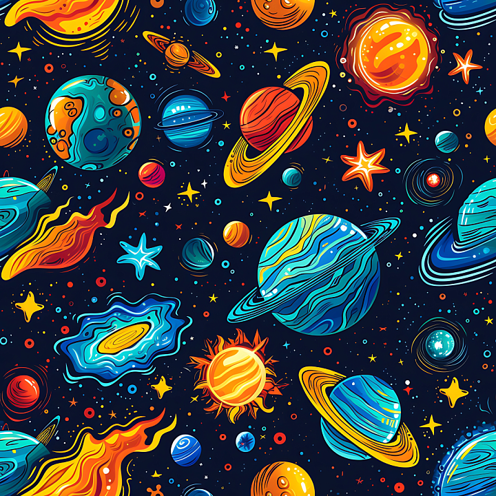 Cartoon Space Featuring Colorful Planets and Stars seamless PBR texture preview