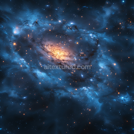 Seamless 3D Space PBR Texture Featuring Vibrant Blue Nebula and Luminous Galaxy Core