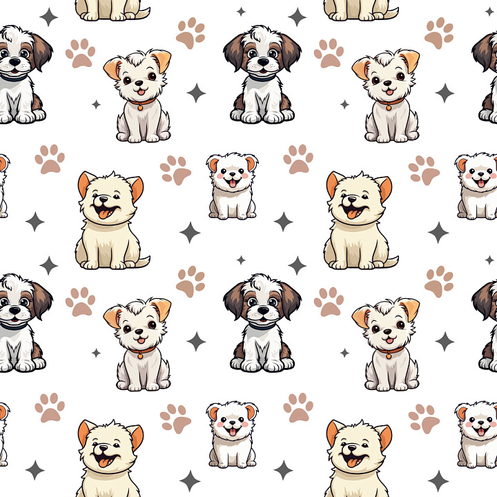 Pattern of Cute Cartoon Dogs with Paw Prints and Stars seamless PBR texture preview