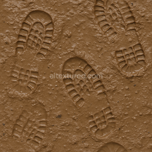 Seamless 3d texture pbr 8k of fresh footprints on wet mud with footprint moisture