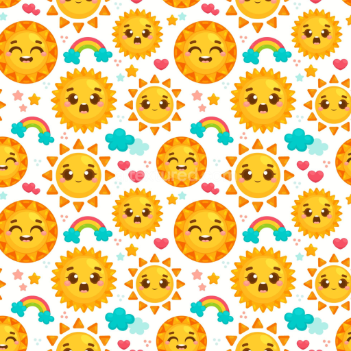 Seamless 3D PBR Texture with Colorful Happy Face Cartoon Suns and Rainbows