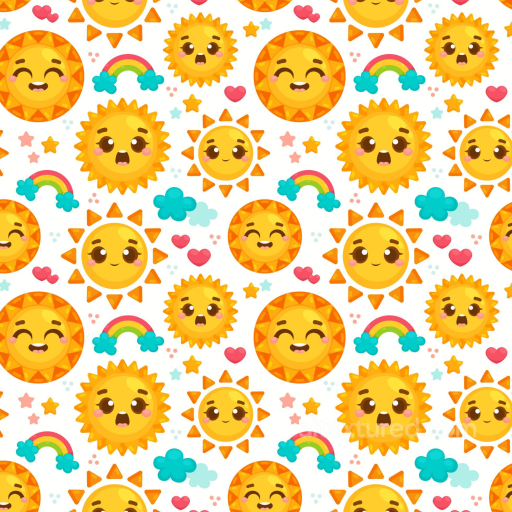 with Colorful Happy Face Cartoon Suns and Rainbows seamless Happy Face pattern PBR texture
