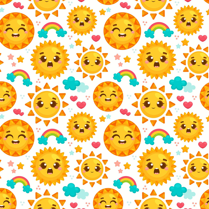 with Colorful Happy Face Cartoon Suns and Rainbows seamless PBR texture preview