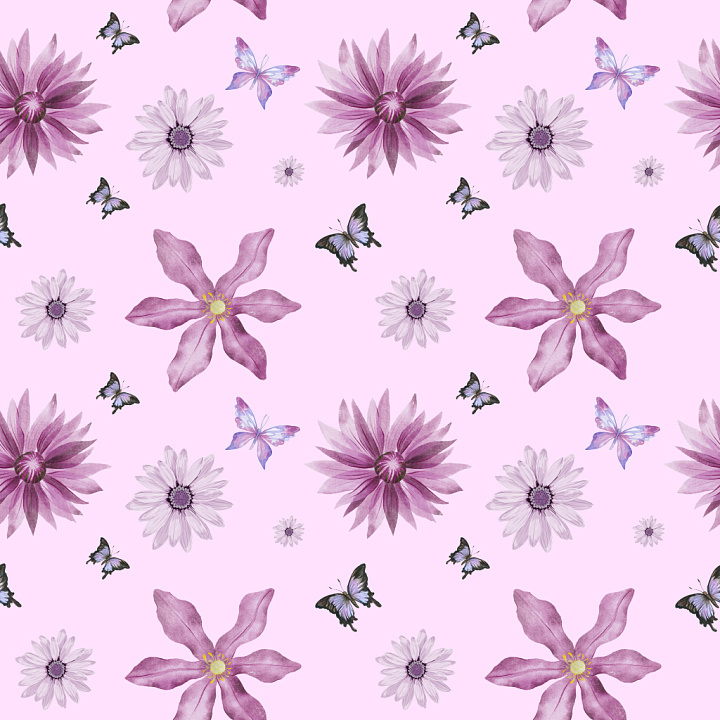 Floral and Butterfly Pattern in Soft Pink seamless PBR texture preview