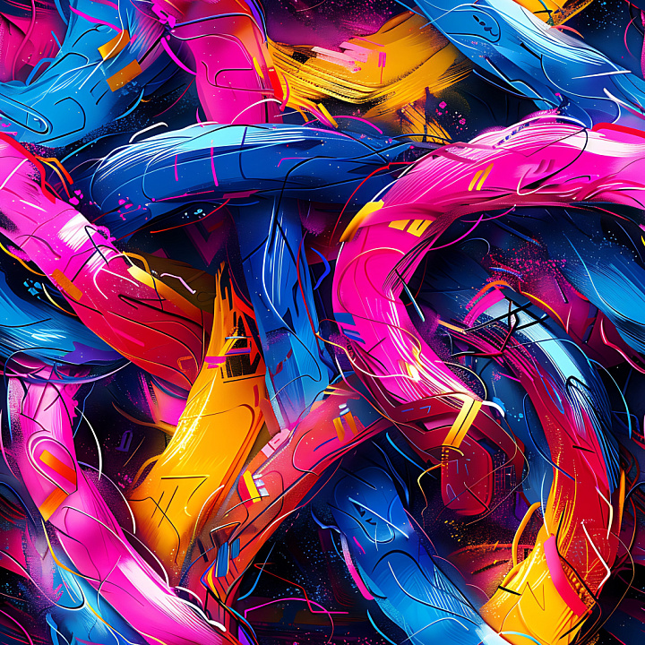 with Vibrant Abstract Graffiti Strokes in Pink, Blue, and Yellow seamless PBR texture preview