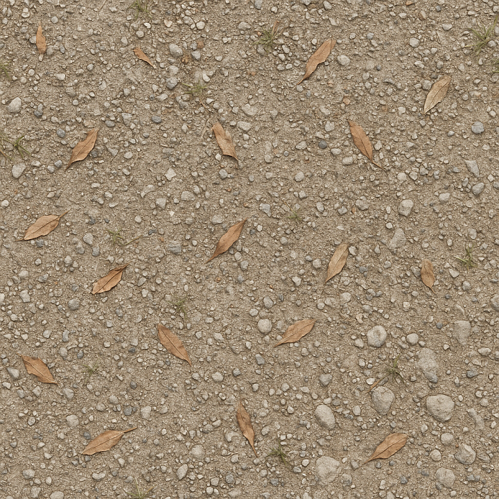 Gravel Compacted With Pebble Embedded And Dry Leaves Scattered Asphalt seamless PBR texture preview