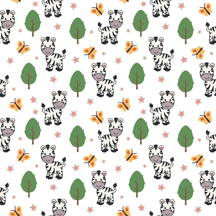 Pattern with Playful Zebra Cartoon Motifs and Whimsical Nature Elements seamless PBR texture preview