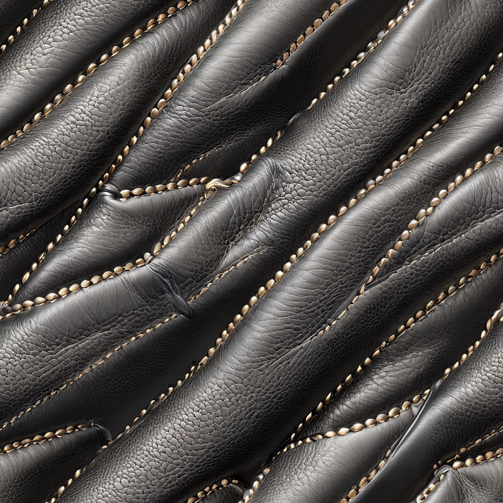 Quilted Black Leather With Detailed Pebble Grain And Stud Embellishments seamless PBR texture preview