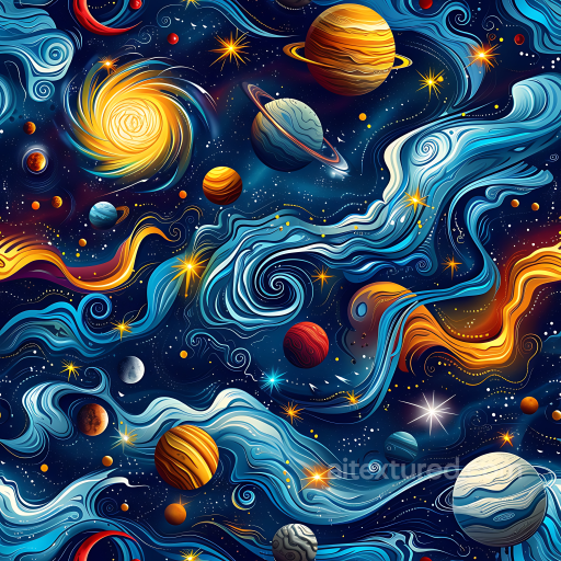 Space PBR Texture Featuring Stylized Nebulae and Vibrant Planets seamless Star, space, planets PBR texture