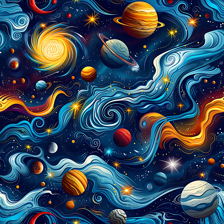 Space Featuring Stylized Nebulae and Vibrant Planets seamless PBR texture preview