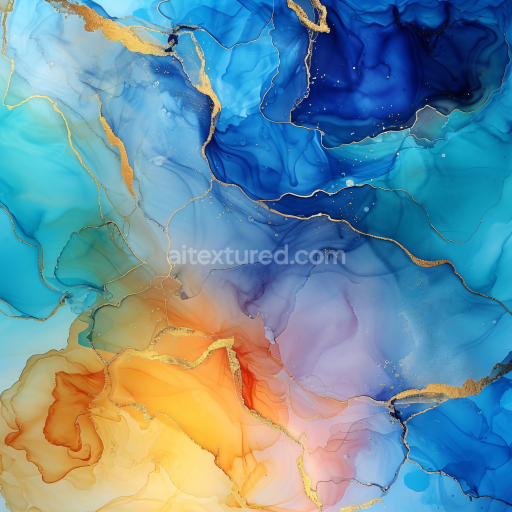 Seamless 3D Alcohol Ink PBR Texture Featuring Blue Fluid Waves with Gold Veins