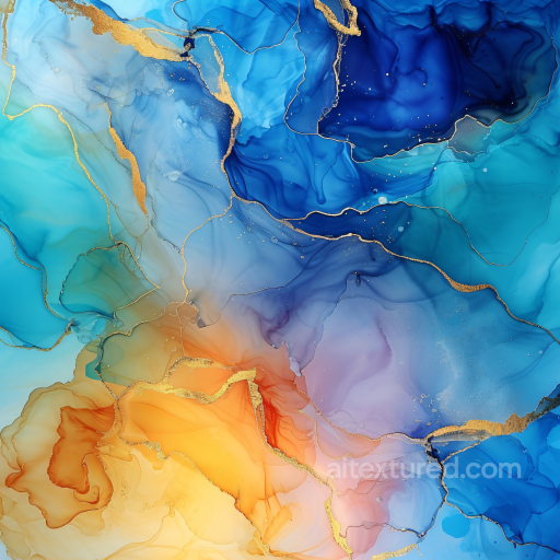 Alcohol Ink PBR Texture Featuring Blue Fluid Waves with Gold Veins seamless Alcohol ink PBR texture