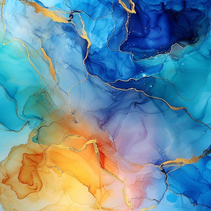 Alcohol Ink Featuring Blue Fluid Waves with Gold Veins seamless PBR texture preview