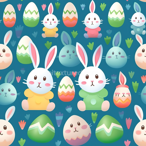 Seamless 3D PBR Easter digital paper texture with cute bunnies and colorful eggs