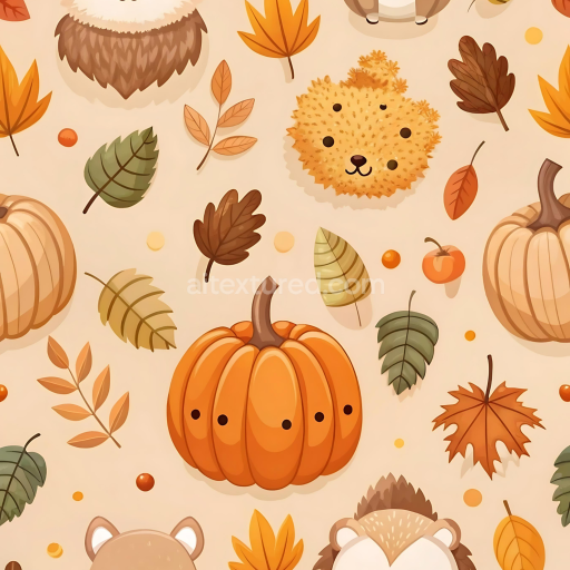 Seamless 3D PBR Texture of Cartoon Thanksgiving Pumpkins and Autumn Leaves