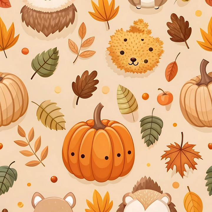 Cartoon Thanksgiving Pumpkins and Autumn Leaves seamless PBR texture preview