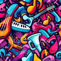 seamless Seamless 3D PBR Graffiti Texture Featuring Colorful Musical Instruments and Abstract Shapes texture 8k free download PBR