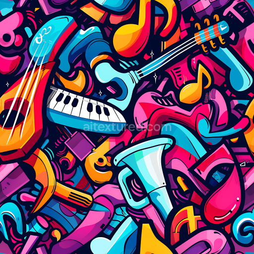 Seamless 3D PBR Graffiti Texture Featuring Colorful Musical Instruments and Abstract Shapes